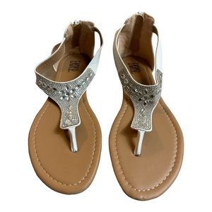 White Womens Sandals Size 9 Rhinestones Bling Vegan Flats Zip Up Summer Shoes